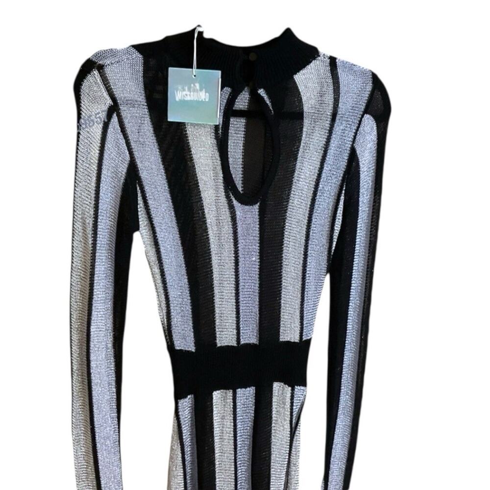 Black Silver Striped Bodycon Mini Dress Lace Up Sides Long Sleeve - Picture 14 of 16